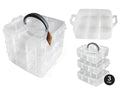 clear plastic material; three stackable tiers; black carry handle on top; rectangular compartments inside; snap lock sides;