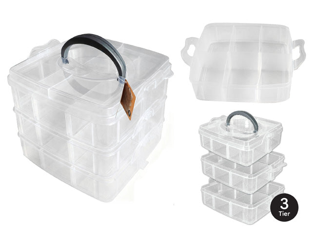 clear plastic material; three stackable tiers; black carry handle on top; rectangular compartments inside; snap lock sides;