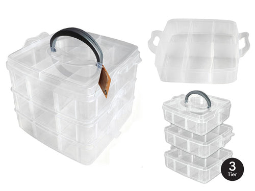 clear plastic material; three stackable tiers; black carry handle on top; rectangular compartments inside; snap lock sides;