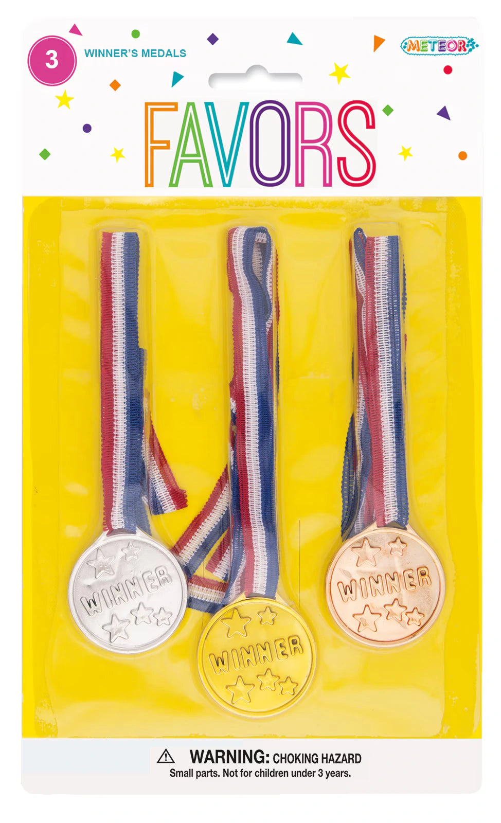 3 medals in gold, silver and bronze colours; Each medal has red, white and blue striped ribbon; Medals embossed with the word 'WINNER' and stars; Packaged on yellow blister card with 'FAVORS' header; Plastic medals with ribbon attached;