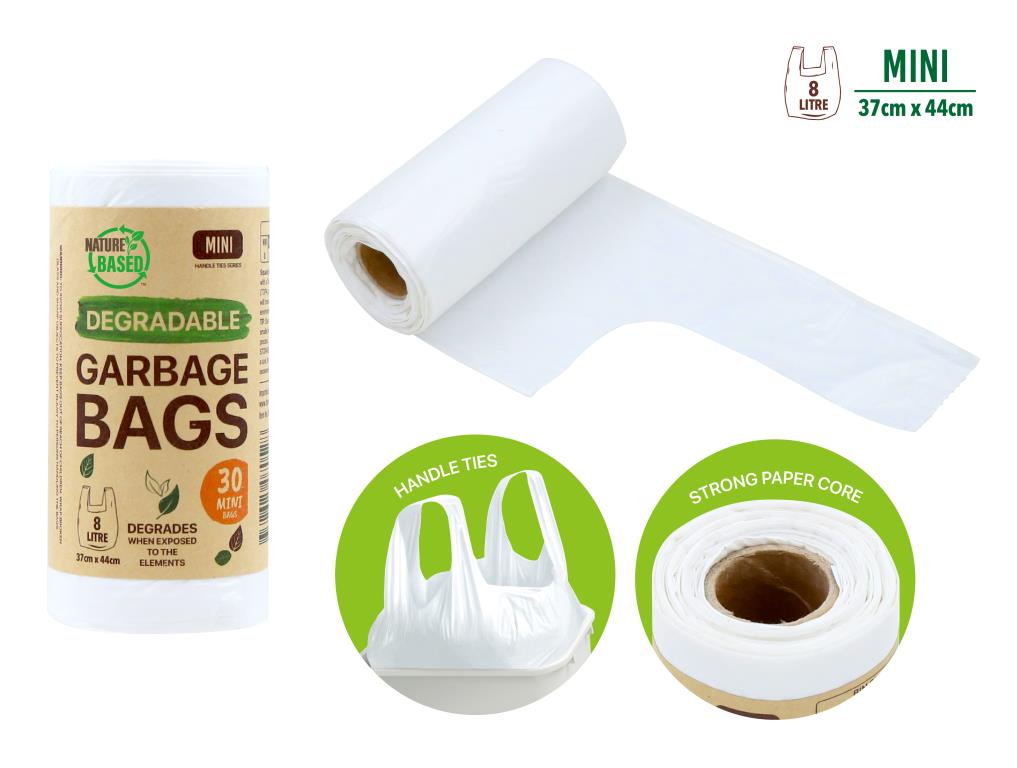 white plastic bin liners; handle tie design; packaged roll with paper label; label states 8 litre size; strong paper core roll;