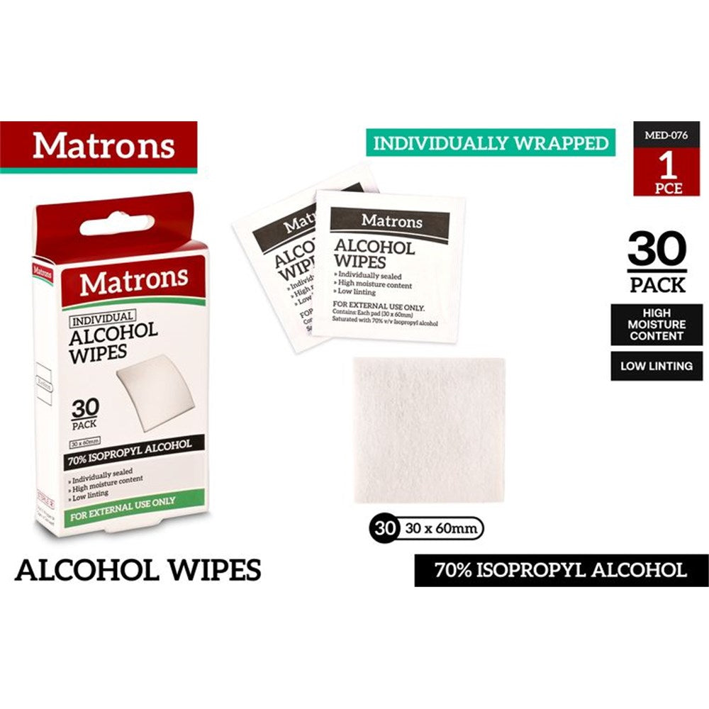 white rectangular wipes; individual foil packets; red and white branded box; text states 70% isopropyl alcohol; pack contains 30 wipes;