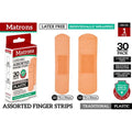 red and white Matrons branded packaging; two sizes of beige plastic wound strips shown (76x19mm and 76x25mm); individual wrapping indicated; latex free label; 30 pack with 20 of smaller size and 10 of larger size;