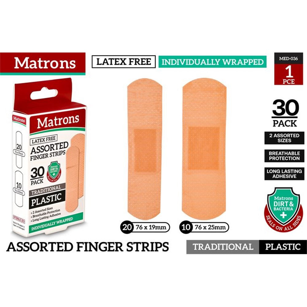 red and white Matrons branded packaging; two sizes of beige plastic wound strips shown (76x19mm and 76x25mm); individual wrapping indicated; latex free label; 30 pack with 20 of smaller size and 10 of larger size;