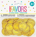 gold coloured plastic coins; coin designs feature skulls and treasure chests; polybag packaging with header card; packaging shows 3+ age recommendation; multicoloured unique favours branding;