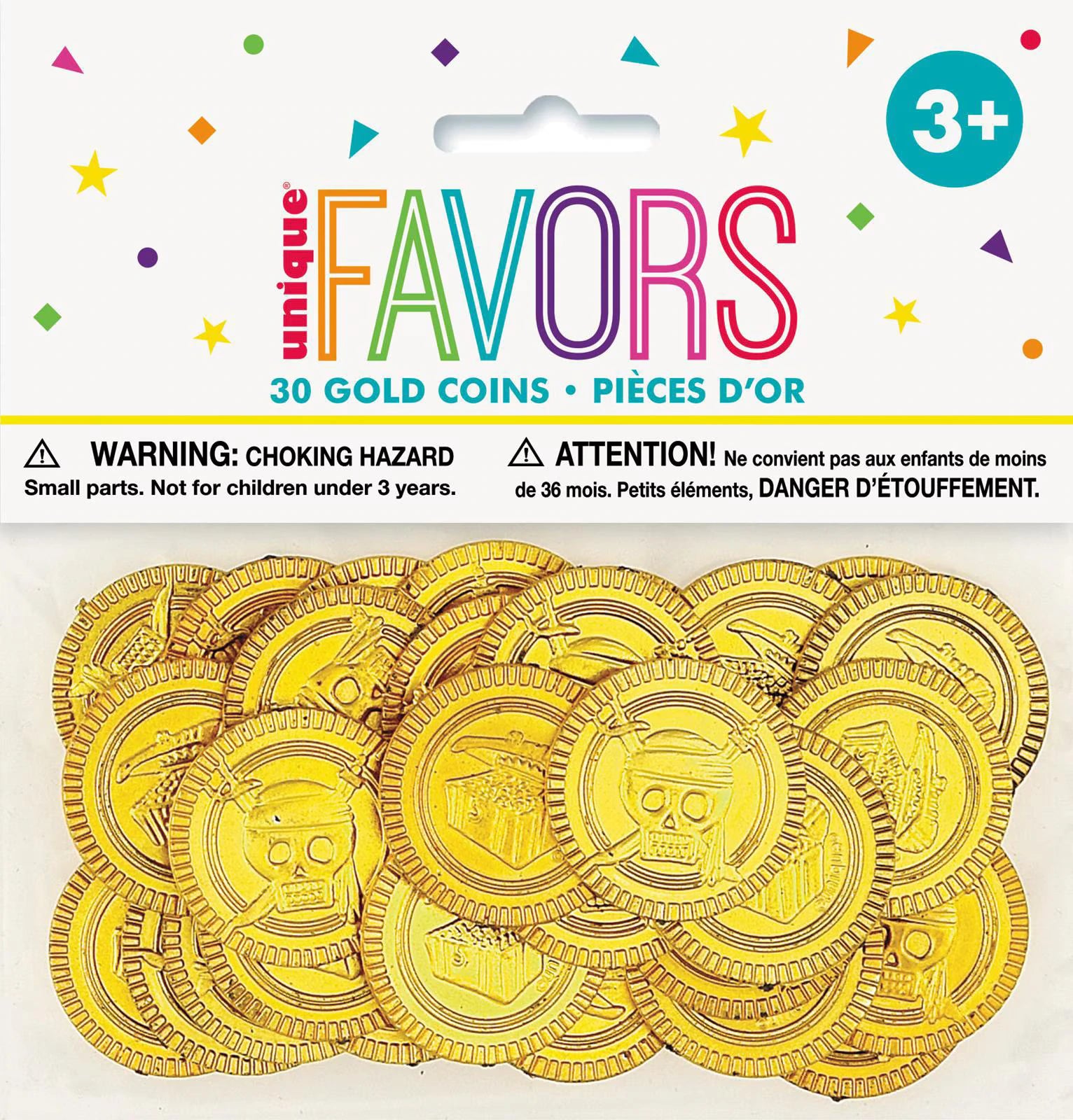 gold coloured plastic coins; coin designs feature skulls and treasure chests; polybag packaging with header card; packaging shows 3+ age recommendation; multicoloured unique favours branding;