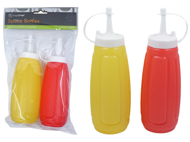 two squeeze bottles in yellow and red; white flip-top caps with attached covers; textured grip panels on sides; bottles in clear retail packaging;