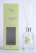 light green rectangular box packaging; clear glass diffuser bottle; silver metallic collar on bottle neck; white reed sticks inside diffuser bottle; label on bottle matches box colour and branding;