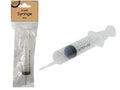 transparent plastic syringe; 30ml volume markings; needle tip nozzle; black rubber plunger seal; packaged in clear plastic bag with cardboard label;