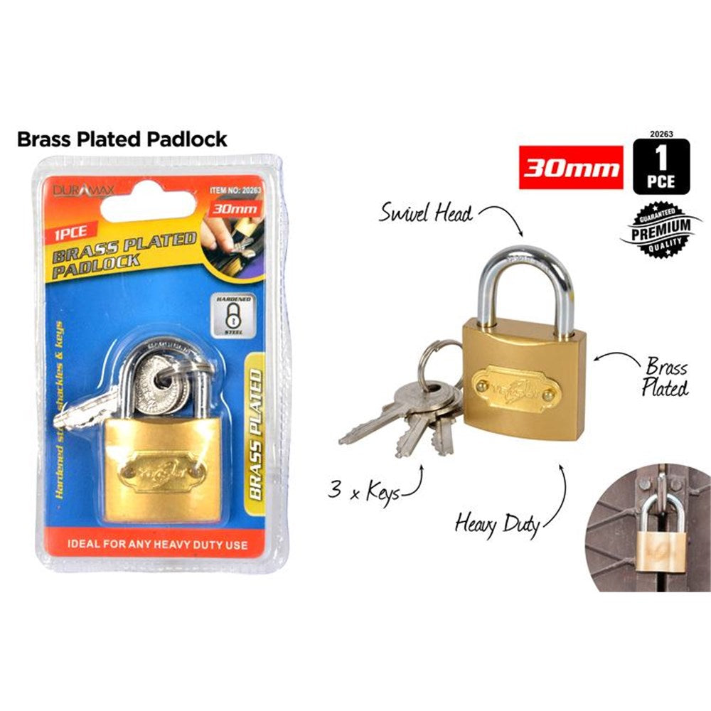 Brass plated padlock body; 30mm size indicated; Comes with 3 metal keys; Swivel head shackle; Packaged in blister pack;