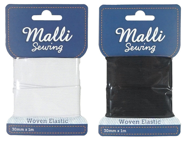 white elastic band on blue card; black elastic band on blue card; elastic width 30mm; 1 metre length indicated; woven elastic texture;