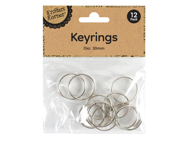 silver metal key rings; 30mm diameter; 12 rings in pack; clear plastic packaging with cardboard header;