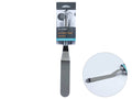 made of stainless steel; 31cm length; flat elongated blade; angled handle; metallic finish;