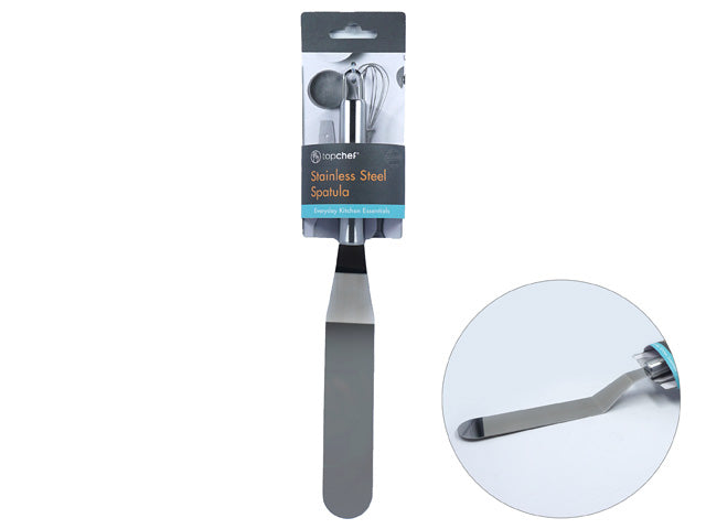 made of stainless steel; 31cm length; flat elongated blade; angled handle; metallic finish;