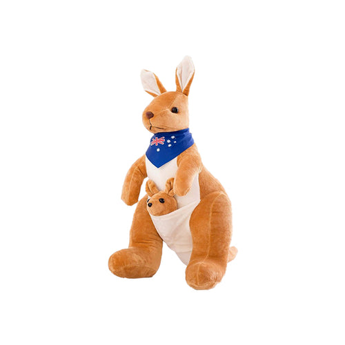 brown kangaroo with light beige belly; blue scarf with Australian flag print; small joey in pouch; plush fabric material; standing upright pose;