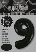 Black colour; Foil material; Number 9 shape; Package shows 86cm (34 inch) size; Includes hang tabs for air inflation;