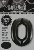 black colour; foil material; number 0 shape; 34 inch / 86 cm size; packaged with hang tabs;