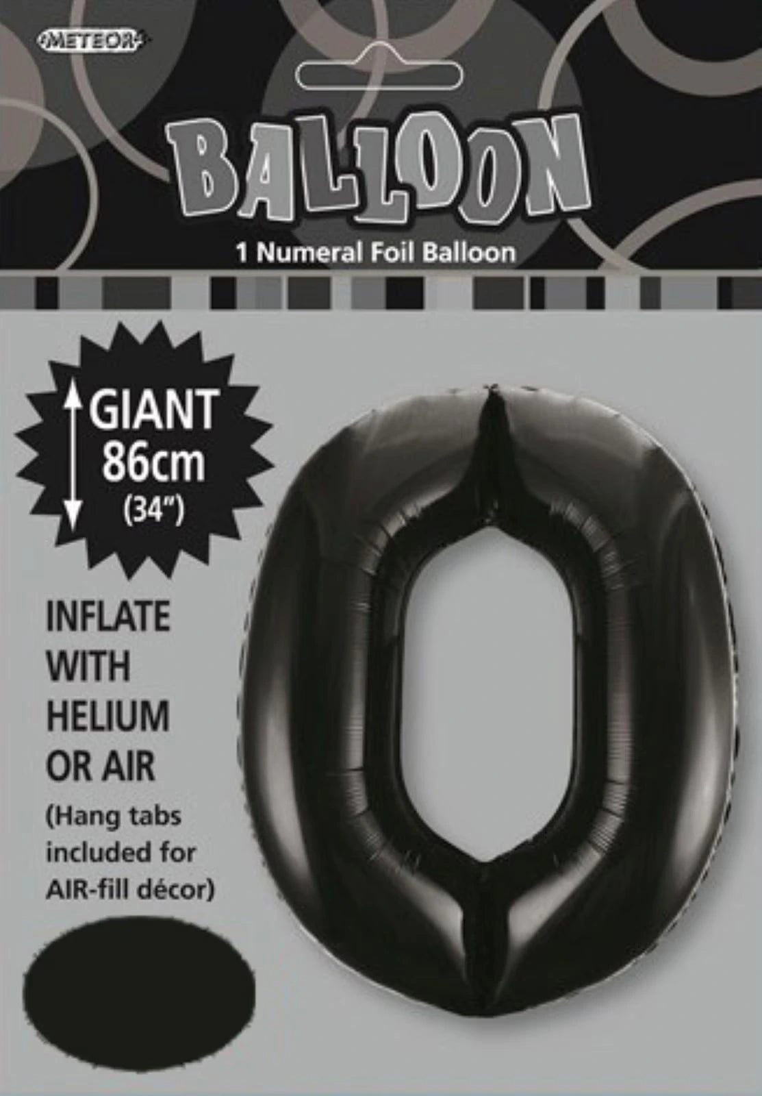 black colour; foil material; number 0 shape; 34 inch / 86 cm size; packaged with hang tabs;