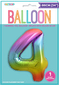 Rainbow gradient colours; Number 4 shape; Foil material; 34 inch (86cm) size; Packaging shows one balloon;