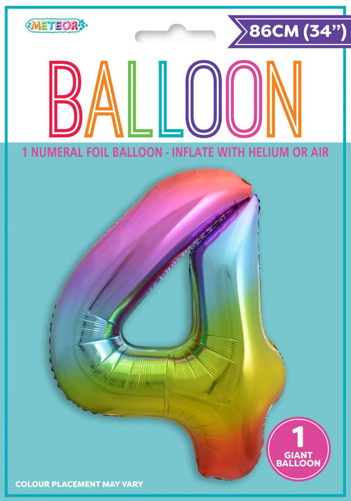 Rainbow gradient colours; Number 4 shape; Foil material; 34 inch (86cm) size; Packaging shows one balloon;