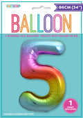 Rainbow gradient colour; Foil material; Number 5 shape; 34 inch (86cm) size; Packaged with header card;