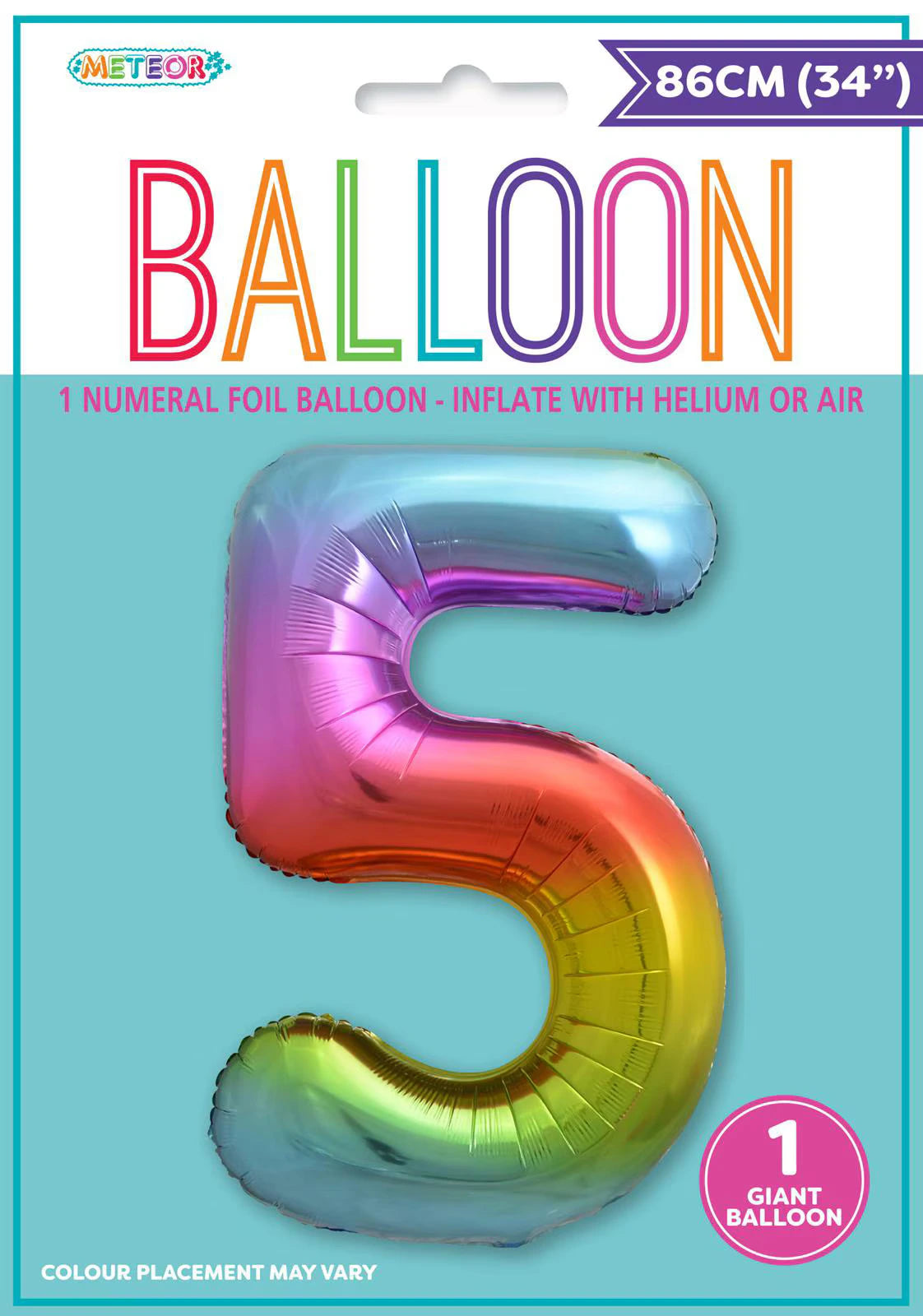 Rainbow gradient colour; Foil material; Number 5 shape; 34 inch (86cm) size; Packaged with header card;