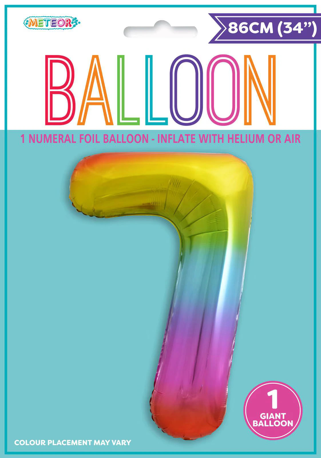 Rainbow gradient colours; Number 7 shaped balloon; Glossy foil material; Packaged flat in header card; Size 86cm (34 inches);