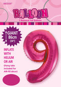 Hot pink colour; Number 9 shape; Foil material; Packaging shows 86cm (34 inch) size; Hang tabs visible on packaging;