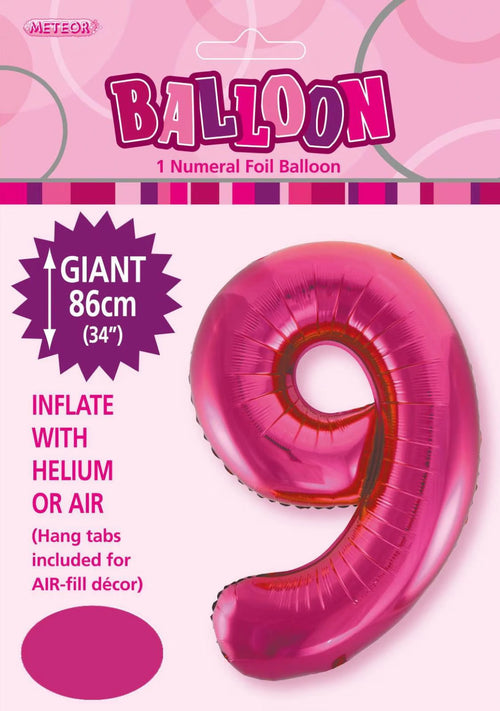 Hot pink colour; Number 9 shape; Foil material; Packaging shows 86cm (34 inch) size; Hang tabs visible on packaging;
