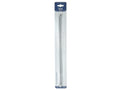silver metal knitting needles; 35cm length; 4mm diameter; packaged in clear plastic with blue header card;