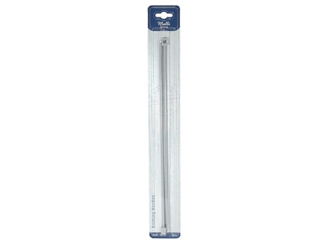 silver metal knitting needles; 35cm length; 4mm diameter; packaged in clear plastic with blue header card;