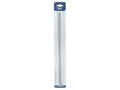 packaged in clear plastic blister pack; two long metal knitting needles; silver colour metal; needle length approx 35cm; needle diameter approx 5mm;