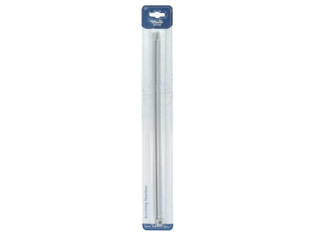 packaged in clear plastic blister pack; two long metal knitting needles; silver colour metal; needle length approx 35cm; needle diameter approx 5mm;