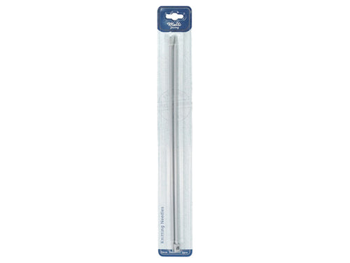 packaged in clear plastic blister pack; two long metal knitting needles; silver colour metal; needle length approx 35cm; needle diameter approx 5mm;