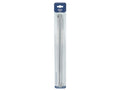 Two long gray knitting needles; Needles packaged in clear plastic blister pack; Needle length marked as 35cm; Needle diameter marked as 8.0mm; Blue and white cardboard header packaging;