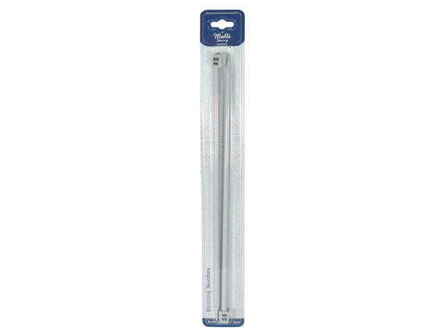 Two long gray knitting needles; Needles packaged in clear plastic blister pack; Needle length marked as 35cm; Needle diameter marked as 8.0mm; Blue and white cardboard header packaging;