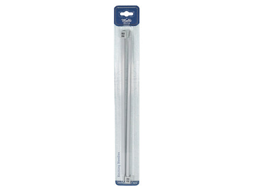 Two long gray knitting needles; Needles packaged in clear plastic blister pack; Needle length marked as 35cm; Needle diameter marked as 8.0mm; Blue and white cardboard header packaging;