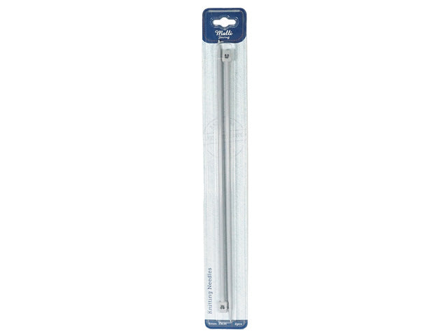 silver aluminium needles; 35cm length; 6mm thickness; packaged in clear plastic with blue header card; set of two needles;