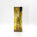 gold coloured packaging; 2-piece set with lotion and perfume; see-through elements on perfume bottle; rectangular bottle shape; black and gold print on packaging;
