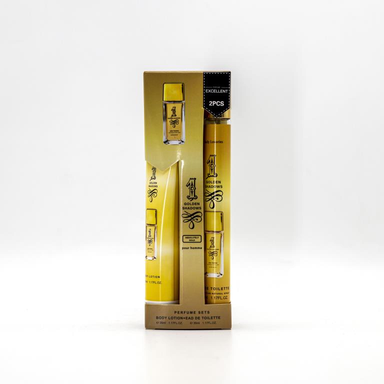 gold coloured packaging; 2-piece set with lotion and perfume; see-through elements on perfume bottle; rectangular bottle shape; black and gold print on packaging;