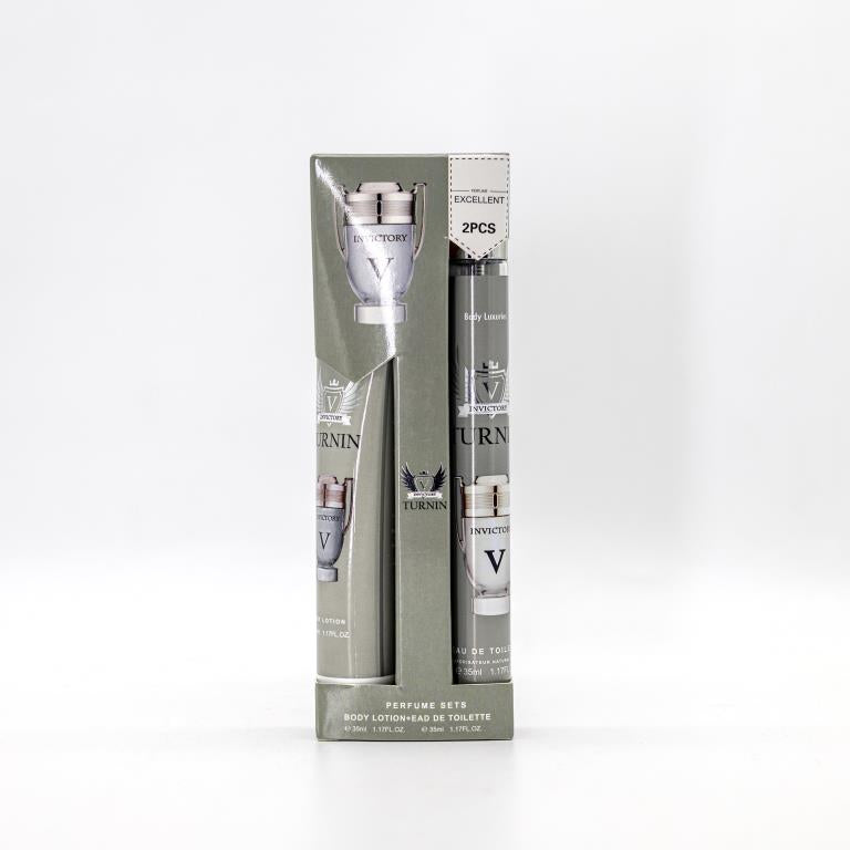 Greenish-grey packaging with trophy image; Two tubes in set: body lotion and perfume; Silver cap on tubes; Text stating 'Invictus' and '2PCS';