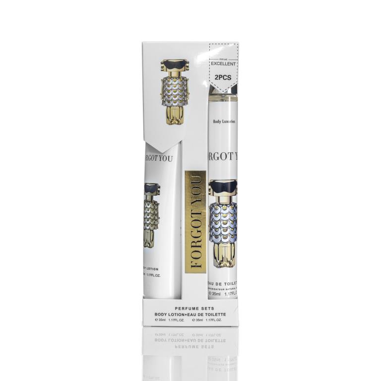 white packaging with gold and black design; two cylindrical bottles inside; text 'FORGOT YOU' on packaging; each bottle labelled with 'Body Luxuries' and perfume bottle graphic; pack contains 2 pieces;