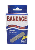 blue and white cardboard packaging; large BANDAGE text on front; fabric bandage illustration with non-adherent pad; mentions 30+5 all one size; product brand Durmaz on top left;