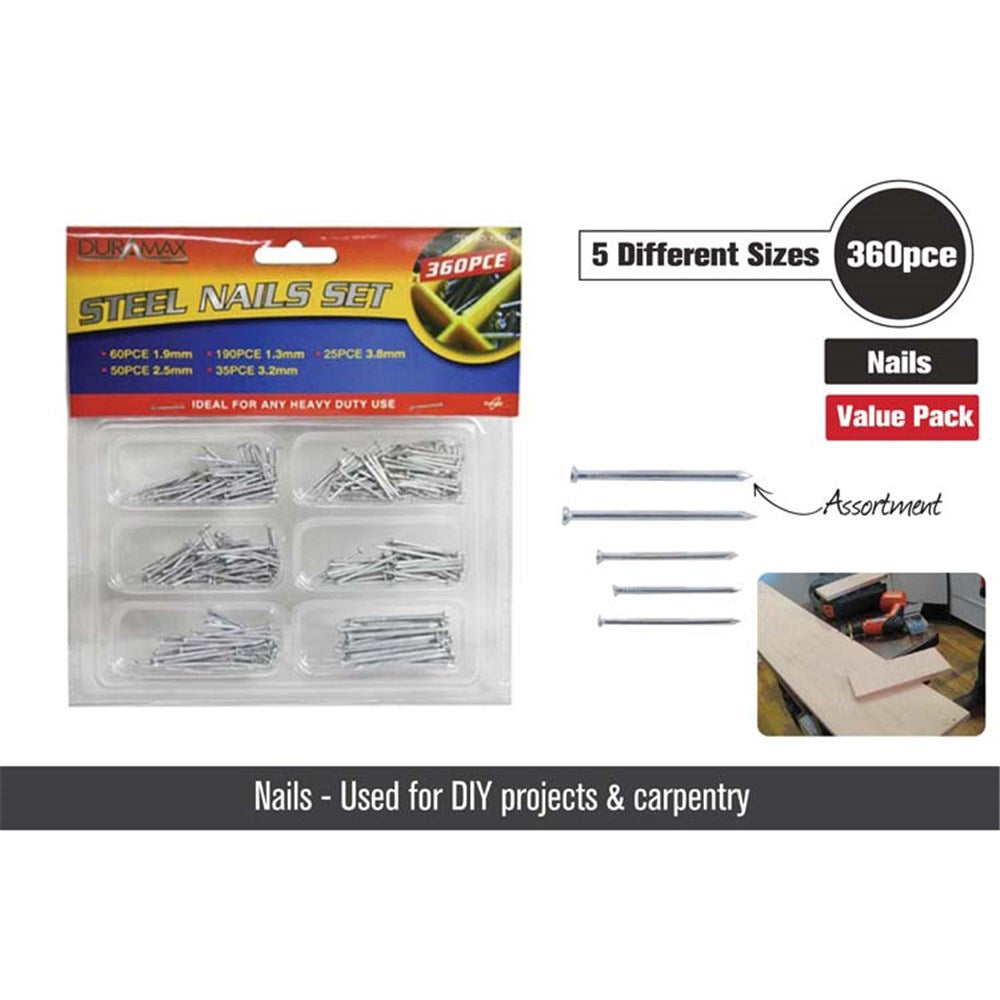 Plastic compartment pack with 5 sections; 360 steel nails total; Five different nail sizes; Yellow and red branded packaging; Nails are shiny metallic steel;