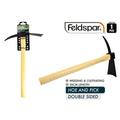 wooden handle; black metal dual sided head; 36cm length; hoe blade and pointed pick;