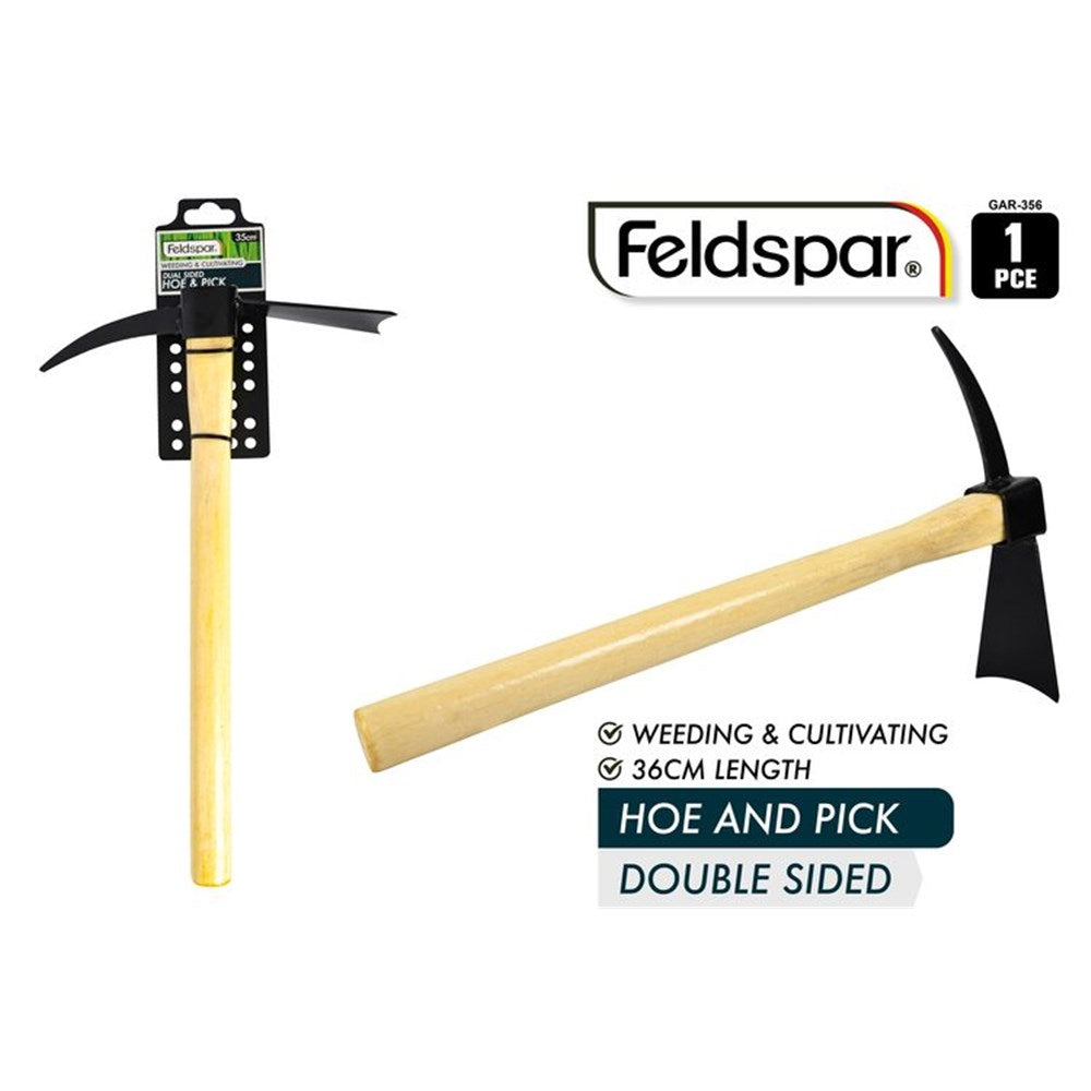 wooden handle; black metal dual sided head; 36cm length; hoe blade and pointed pick;