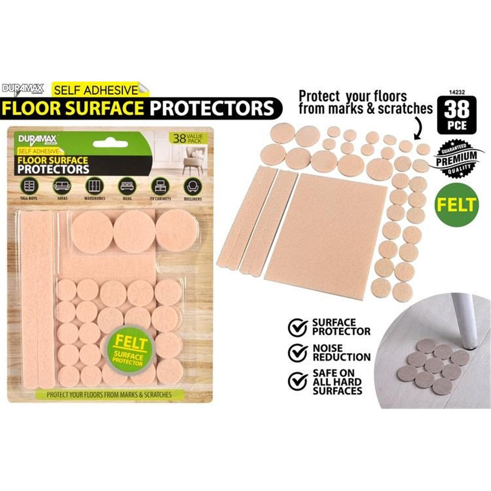 Cream coloured felt pads; Assorted round and rectangular shapes; Self-adhesive backing indicated; Packaging shows pads on wooden floor; Included multiple sizes in a single pack;
