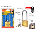 brass plated lock body; long silver shackle; includes 3 keys; retail packaging with blue and yellow card; 38mm size indicated;