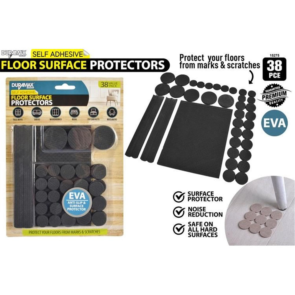 black rubber pads; assorted circular and rectangular shapes; self-adhesive backing; pack of 38 pieces; EVA material;