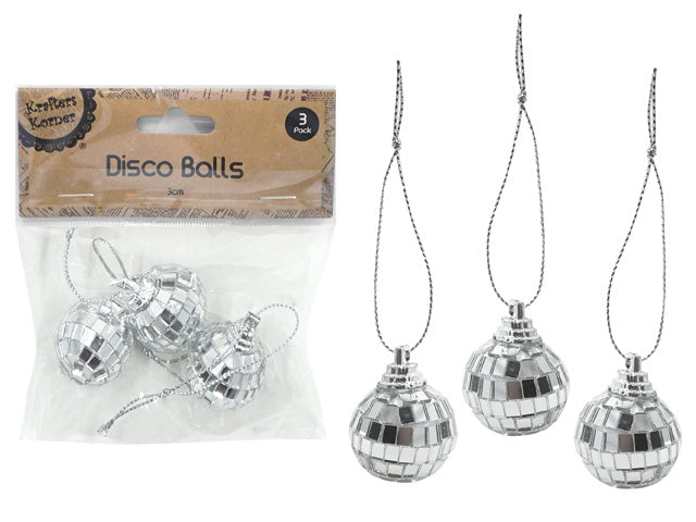 silver mirrored disco ball design; 3cm diameter size; pack of three balls; each has a silver hanging loop;